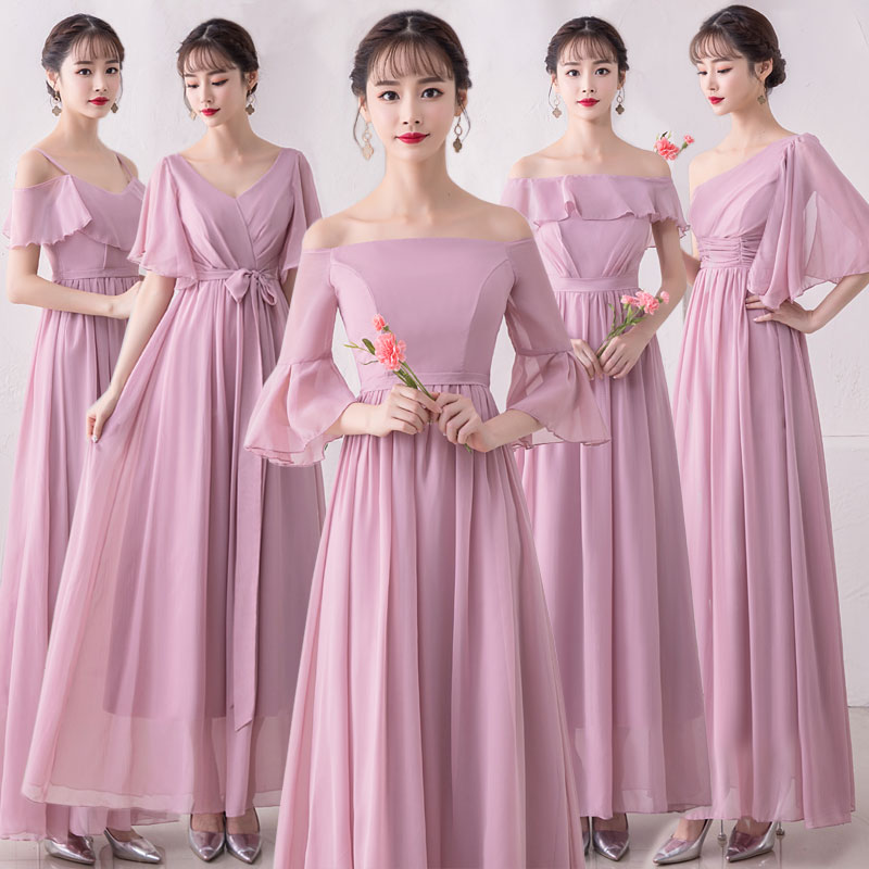 ชุดเดรสยาวออกงาน ผ้าชีฟองเนื้อดีสีชมพูกะปิ ส่งฟรี ems