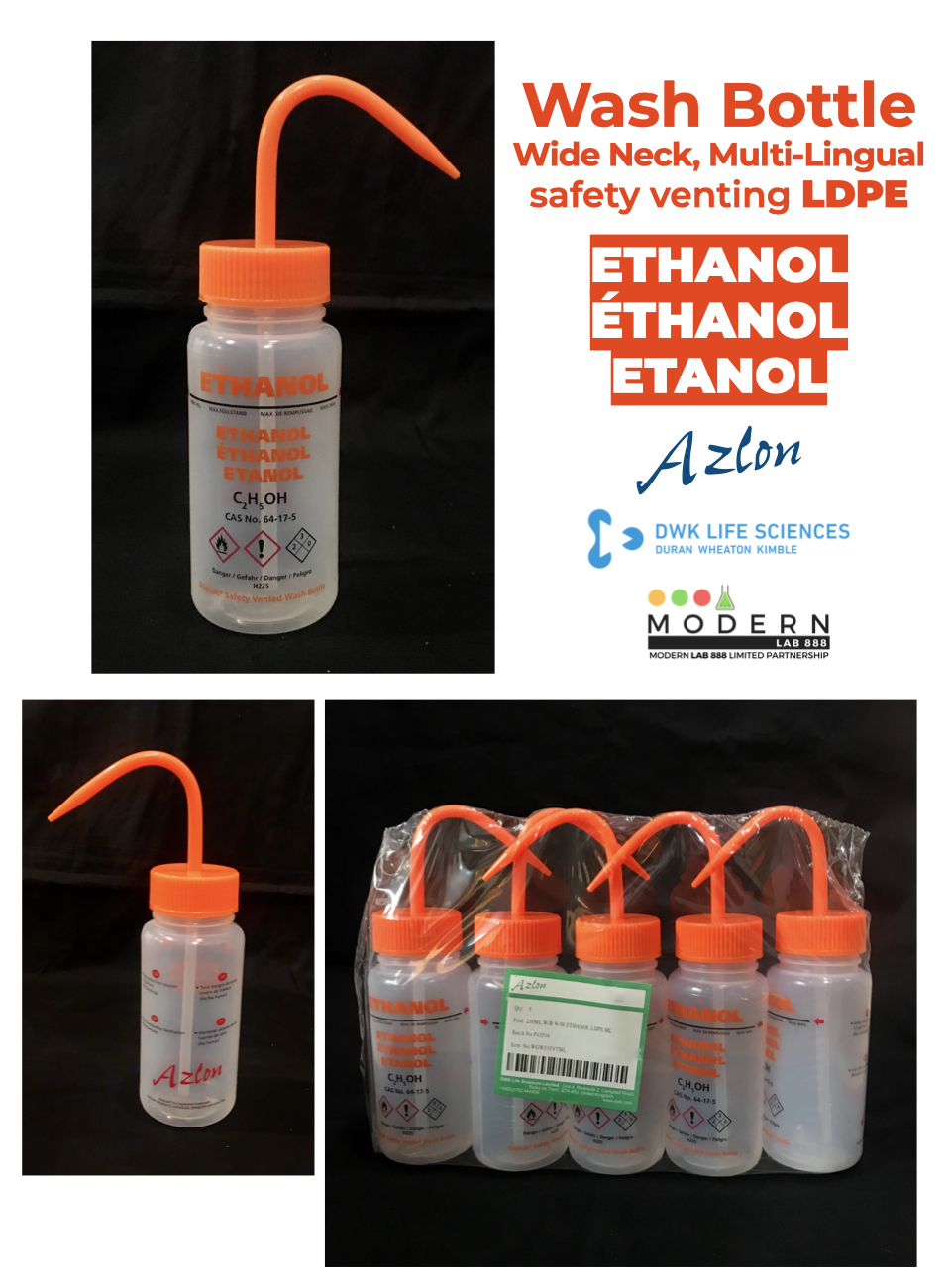 ขวดฉีดล้างพลาสติก ETHANOL / AZLON® Wash Bottle, safety venting LDPE, "ETHANOL"