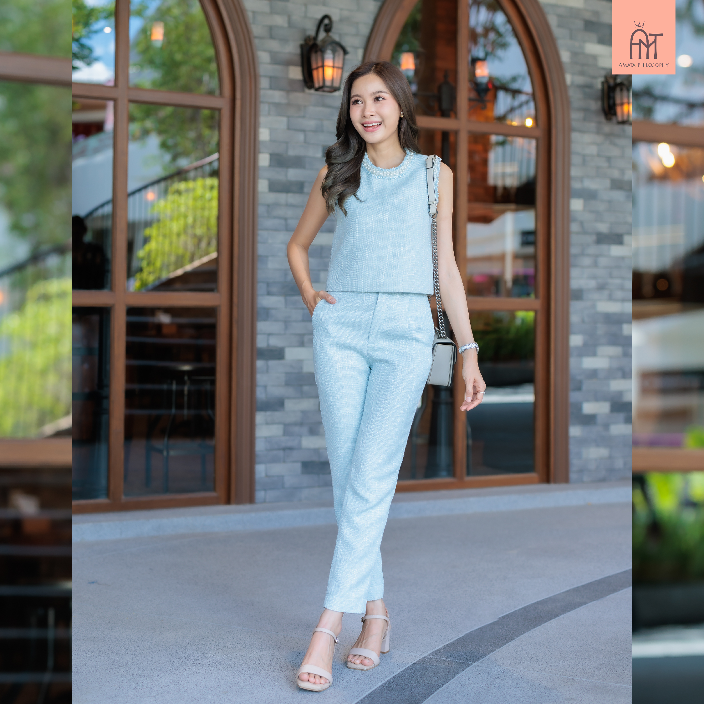 AMATA กางเกง OLIVIE สีฟ้า ครีม