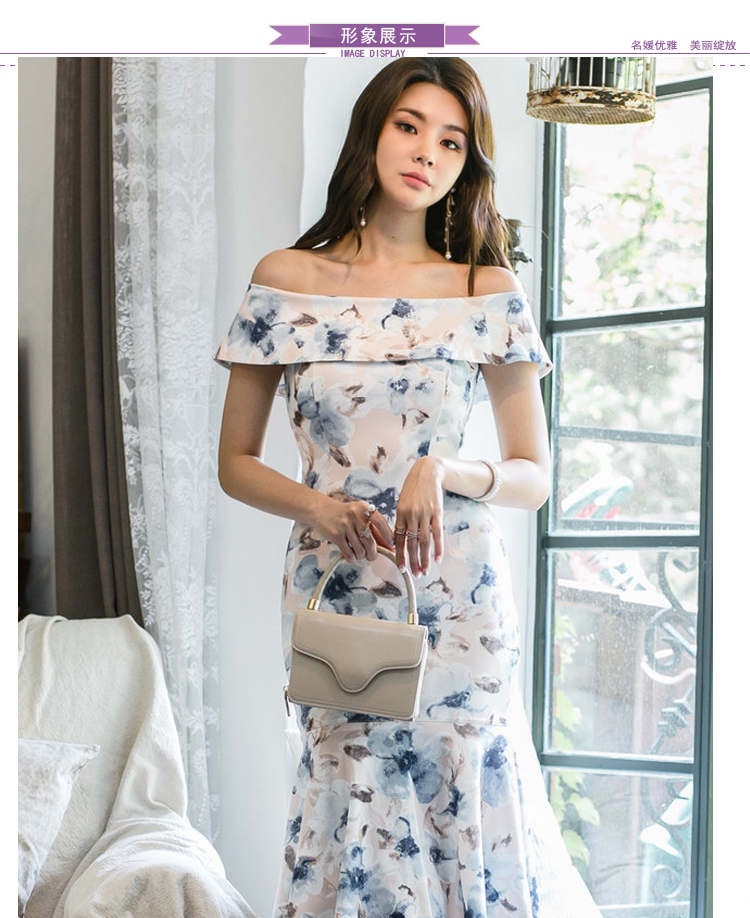 ชุดเดรสออกงานพิมพ์ลายดอกไม้โทนสีน้ำเงิน ส่งฟรี ems