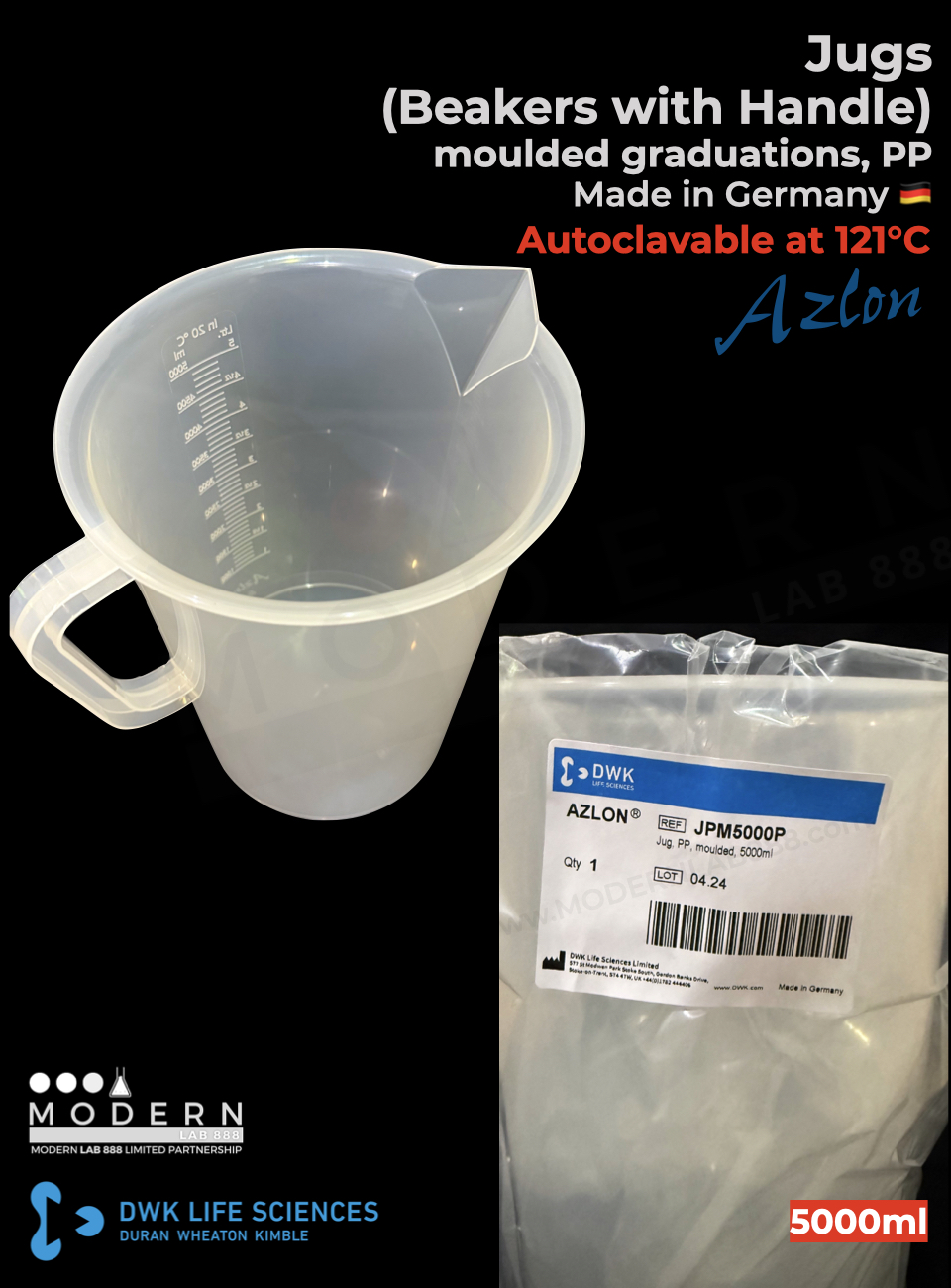 บีกเกอร์มีหูจับ พลาสติก PP แบบสเกลตัวนูน / Jug, moulded graduations, PP, "AZLON"