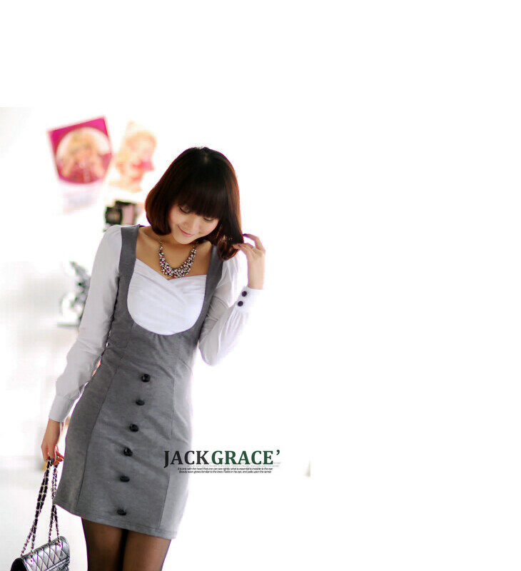 ชุดเดรสแขนยาว ทูโทนสีขาวเทา ส่งฟรี ems