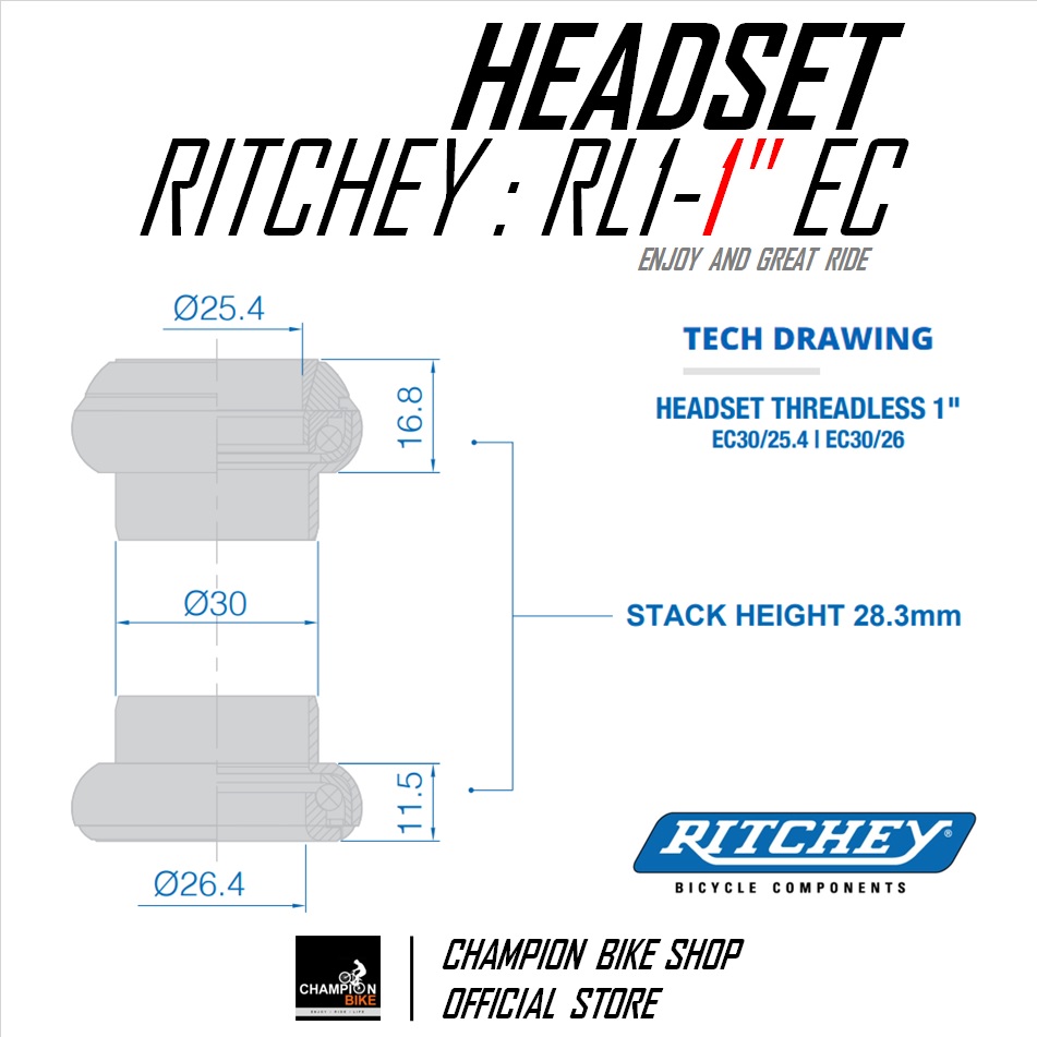 ลูกปืนคอ 1 นิ้ว RITCHEY : RL1 - 1" EXTERNAL CUP EC THREADLESS HEADSET สีดำ