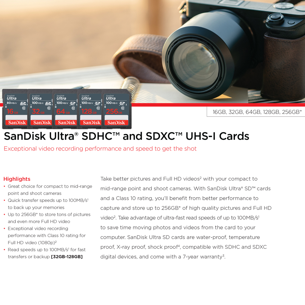 SanDisk Ultra SD Card Class10 32GB Speed 100 MB/s (SDSDUNR-032G-GN3IN) SDHC เมมโมรี่การ์ด สำหรับ SDCARD กล้องมิลเลอร์เลส DSLR Mirrorless ประกัน 7ปี