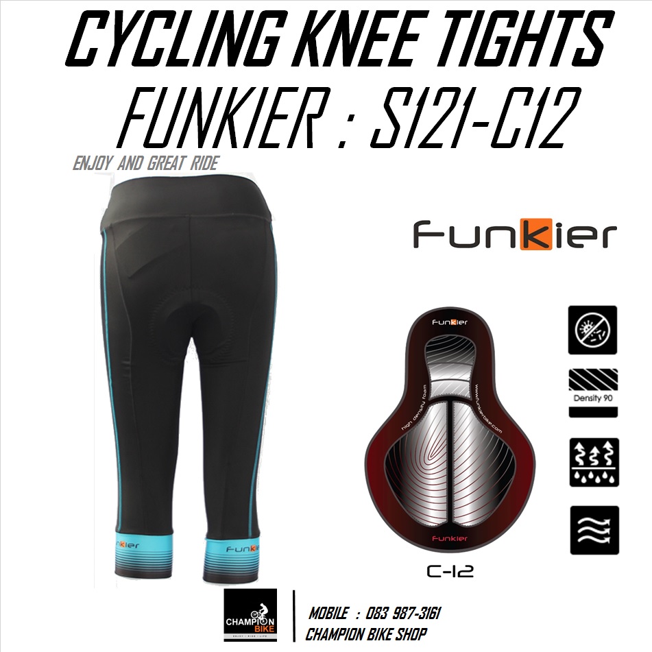 กางเกงปั่นจักรยานผู้หญิง ขา3ส่วน FUNKIER : S121-C12 GENTS LADIES PRO KNEE TIGHTS สีดำ-ฟ้า
