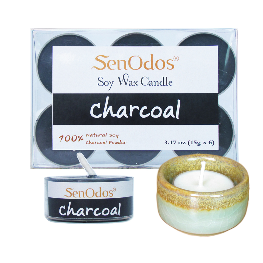 SenOdos เทียนไขถั่วเหลือง อโรม่า เทียนทีไลท์ Tealight Set Charcoal Soy Candles 15g. (6 PCS) + เชิงเทียน ที่วางเทียนทีไลท์ ศิลาดล (เซลาดล) สีเขียวหยกขอบทอง