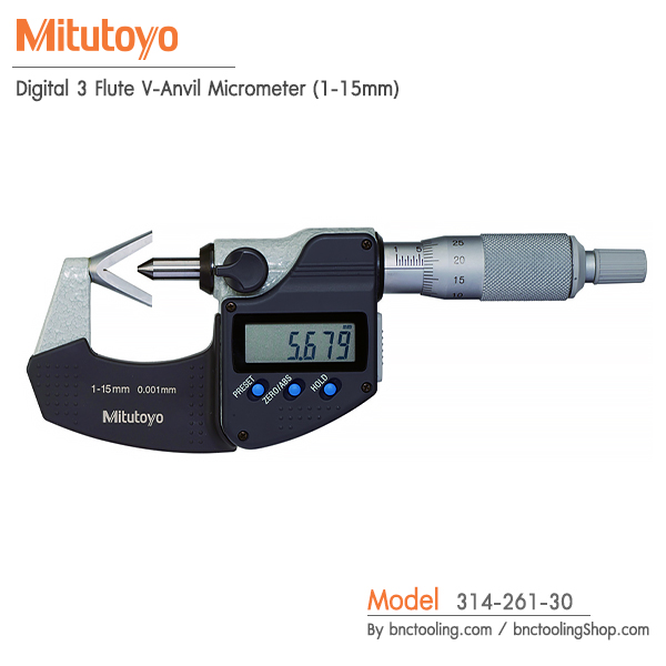 Mitutoyo,Digital 3 Flute V-Anvil Micrometer(1-15mm),314-261-30