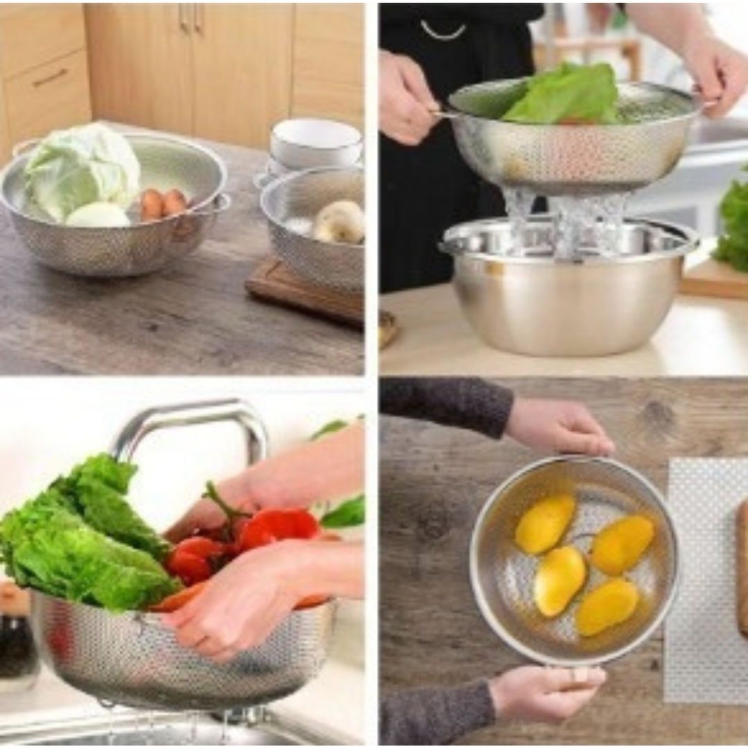 ตะกร้ากลมสแตนเลส ตระแกรงรูเล็ก 2 หูจับ