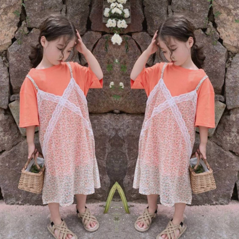 GD08/🧸พร้อมส่ง🧸ชุดเด็กผู้หญิง เดรสเด็กเซท2สีตัวในสีส้ม(ผ้ายืด) ตัวนอก(ผ้าชีฟอง)