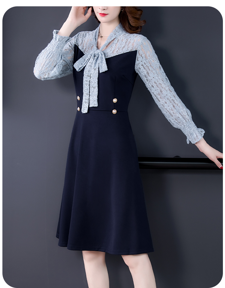 ชุดเดรสสีน้ำเงินแขนยาว ผ้าคอตตอนผสม spandex เนื้อดี ทิ้งตัวสวย ส่งฟรี