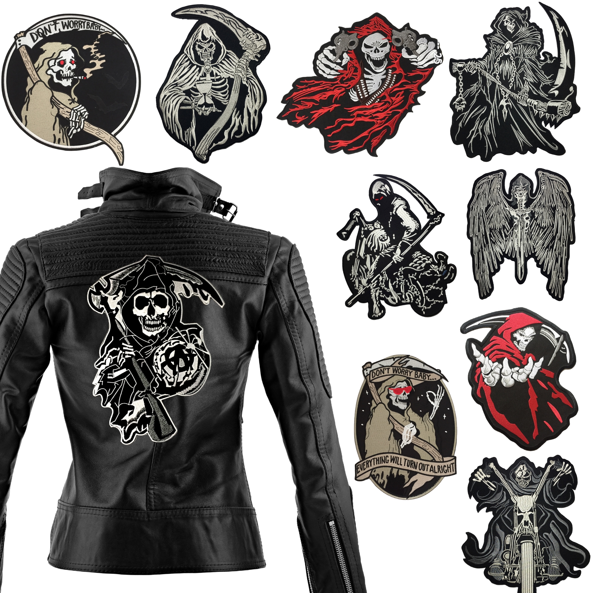 Grim Reaper ปีศาจ กริม ตัวรีดติดเสื้อ อาร์มรีด อาร์มปัก ตกแต่งเสื้อผ้า หมวก กระเป๋า แจ๊คเก็ตยีนส์ Biker Embroidered Iron on Patch ขนาดใหญ่