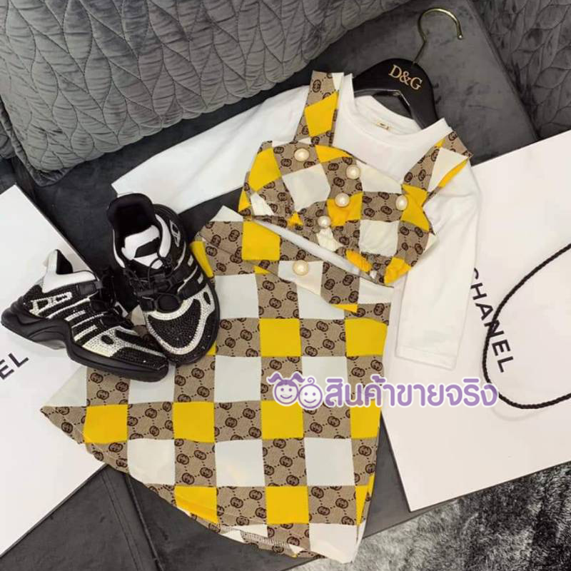 NT06//✨พร้อมส่ง✨ชุดเด็กผู้หญิง เซท3ชิ้น ลายสี่เหลี่ยมข้าวหลามตัด