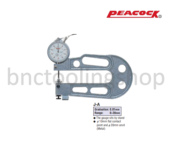 เกจวัดความหนาขนาด 0-20มิล ความละเอียด 0.01มิล,Dial Thickness Gauges(Large Type) Range 0-20mm Graduation 0.01mm,Peacock,J-A