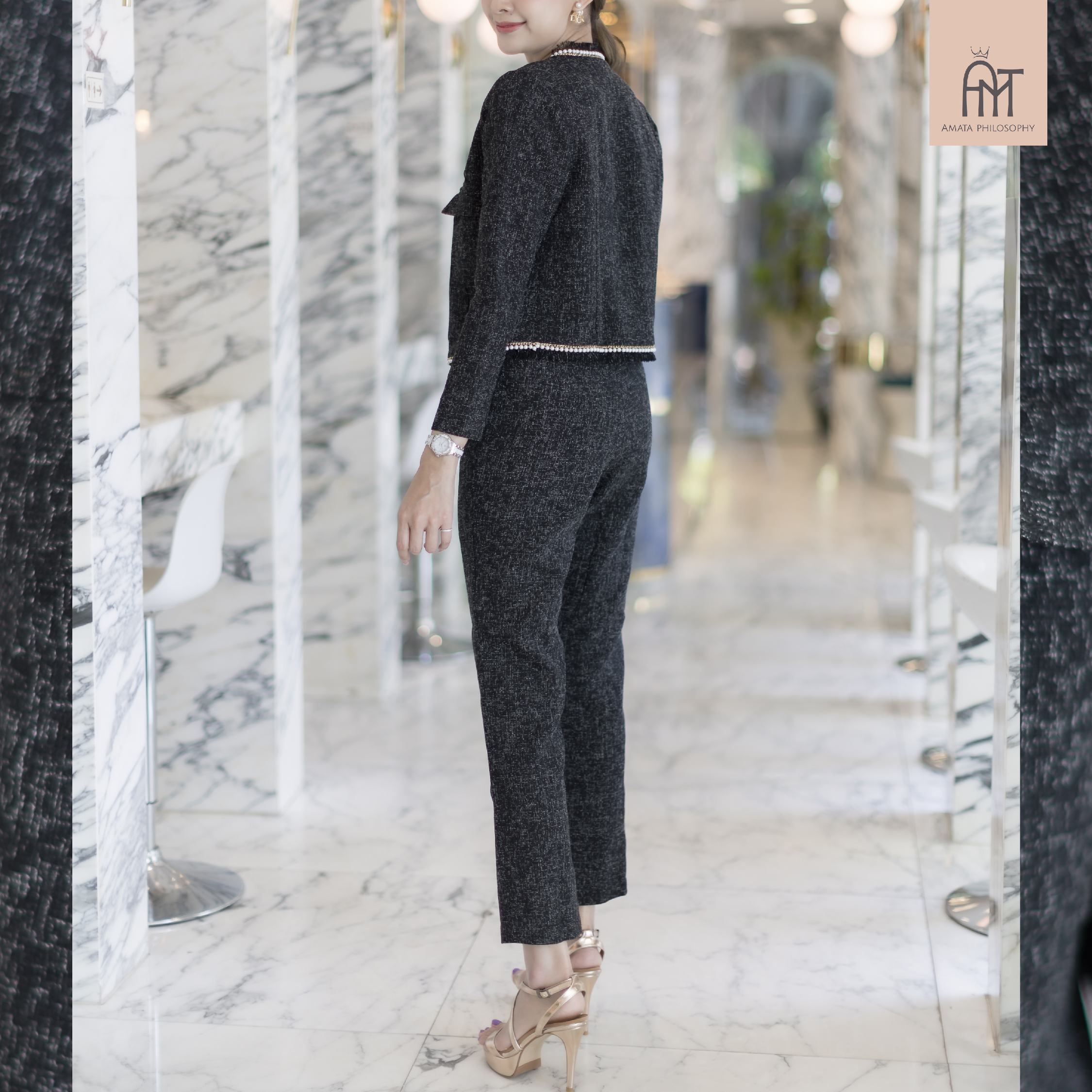 AMATA กางเกงผ้าทวีตลายทาง Tweed O clock Pants สีดำ