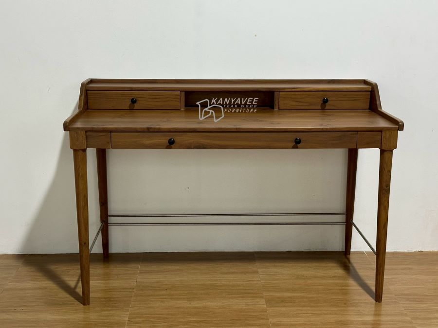 โต๊ะทำงานไม้สักสไตล์มินิมอล สีวอลนัท