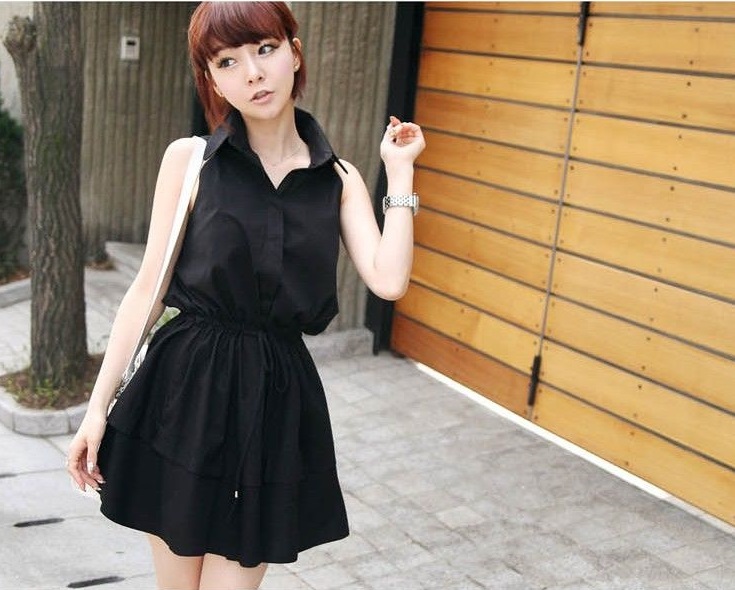 ชุดเดรสผ้าฝ้ายสีดำ แขนกุด ส่งฟรี ems