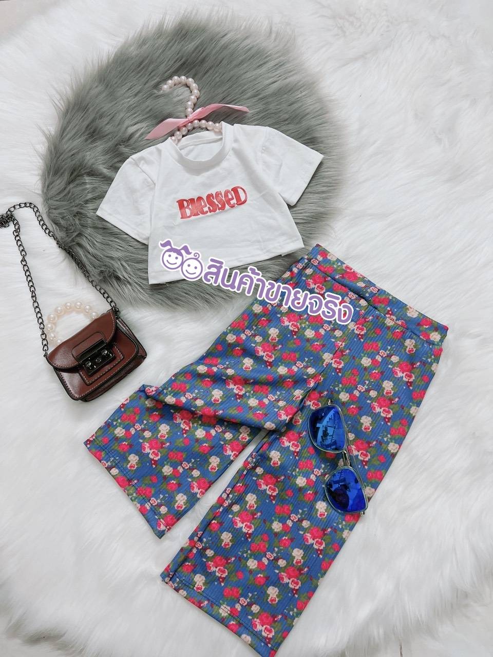 NS05/🌈พร้อมส่ง🌈ชุดเด็กผู้หญิง เซท2ชิ้น เสื้อขาวสกรีน+กางเกงลายดอก ผ้ายืดนิ่มมากๆตะ