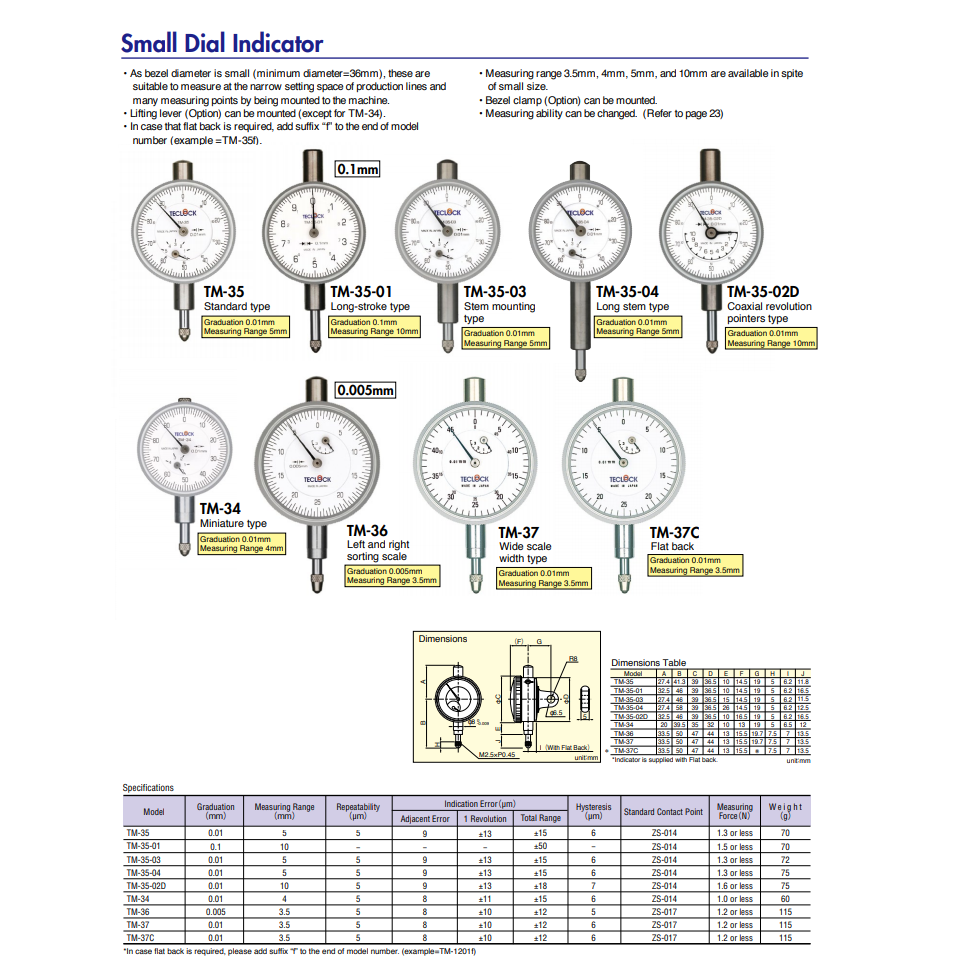 ไดอัลเกจหน้าปัดเล็กความละเอียด 0.01มิล-Small Dial Indicator Graduation 0.01mm,TECLOCK,TM-37C