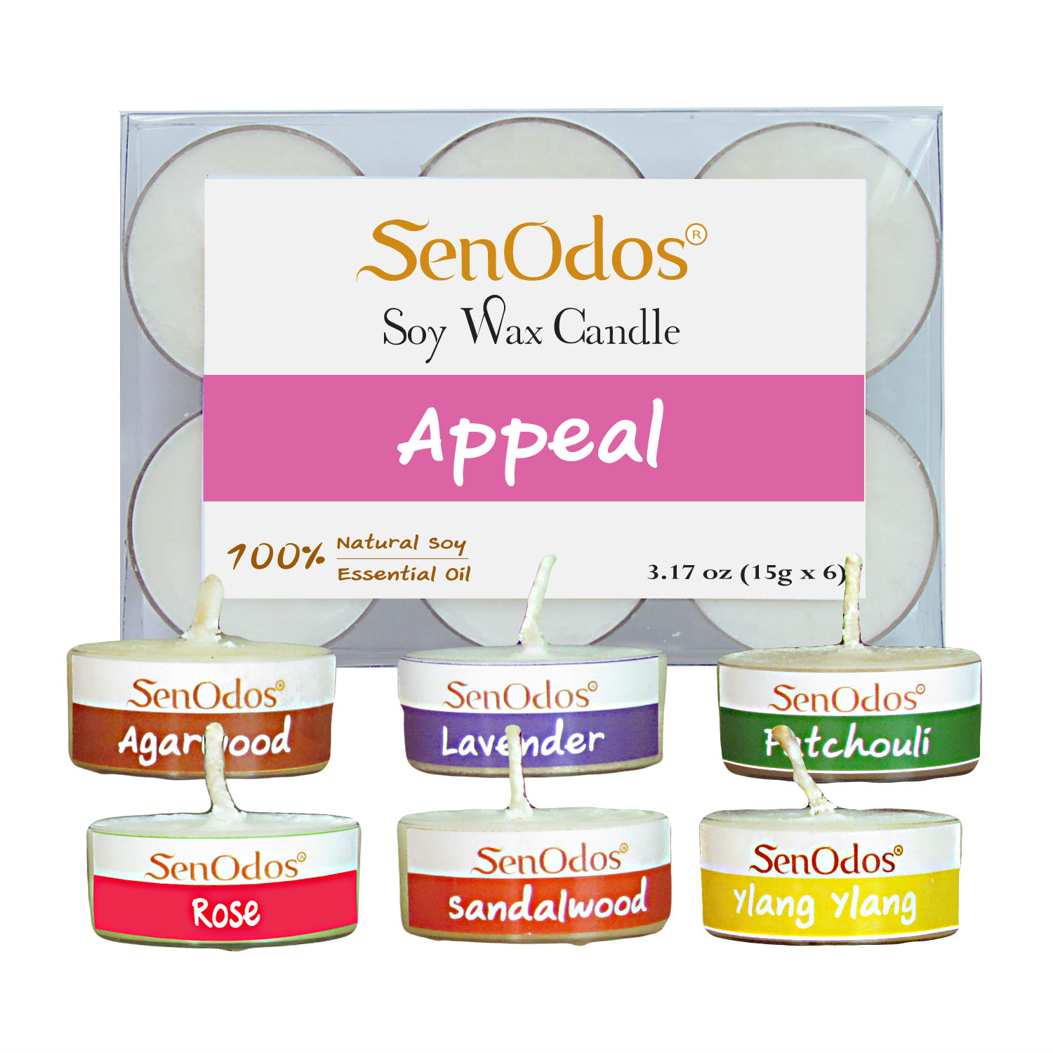 SenOdos Emotional Scented Soy Candles Aroma Appeal เทียนหอมอโรม่า (ดึงดูดใจ) เทียนทีไลท์ ขนาดพกพา ขนาดทดลอง 15 g. (แพ็ค 6 ชิ้น)