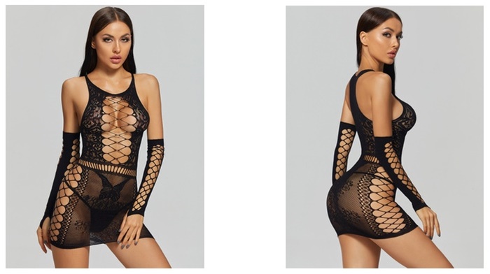 K172 ชุดตาข่ายแบบกระโปรงสั้นครึ่งตัวสีดำ เดรสกระโปรงสั้นเนื้อตาข่ายมาพร้อมถุงมือตาข่ายแบบเกี่ยวนิ้วโป้งตามรูปถ่ายสินค้าจริง ***ไม่มีจีสตริง
