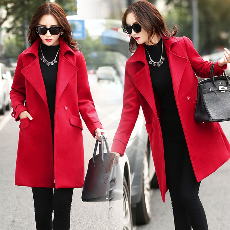 เสื้อโค้ทยาวสีแดง กันหนาวกันลมได้ ผ้า wool ส่งฟรี ems