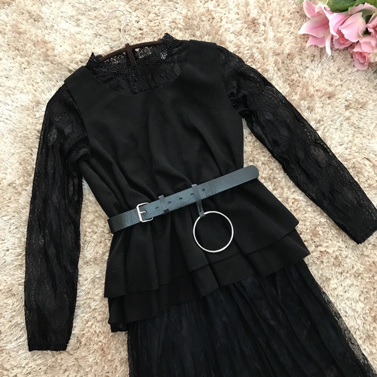 ชุดเดรสผ้าลูกไม้สีดำ แขนยาว ส่งฟรี ems