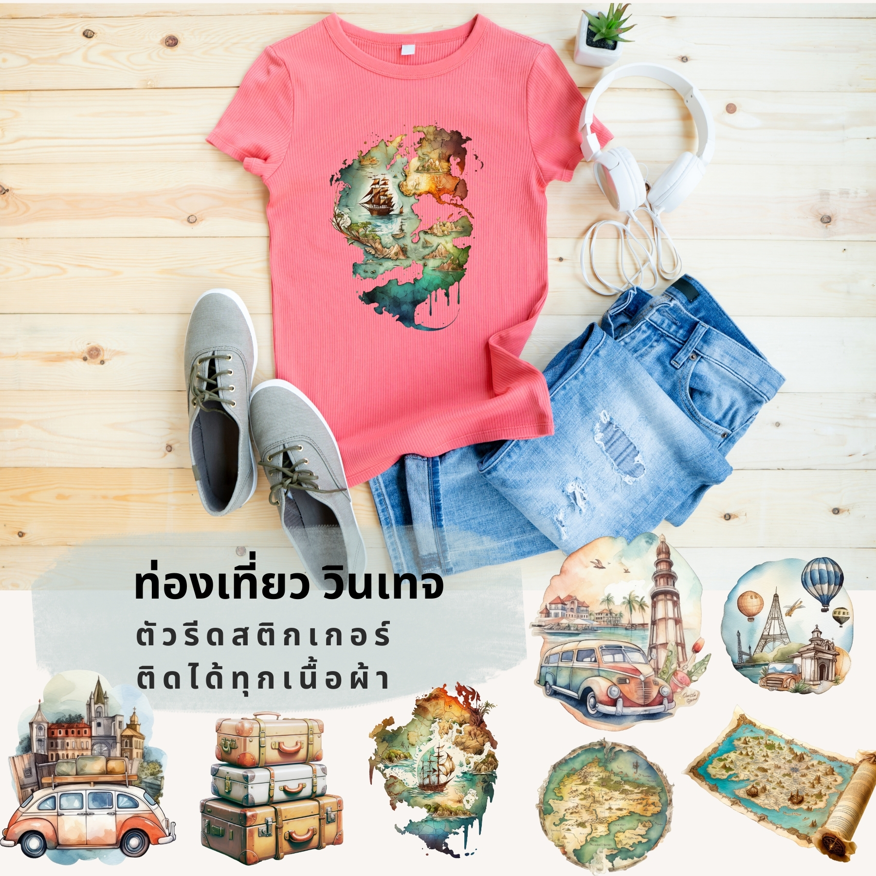 เซทสุดคุ้ม ตัวรีดติดเสื้อ ท่องเที่ยว Wanderlust น่ารัก แบบสติกเกอร์ ขนาดแผ่น20Cm รีดแล้วลอก สกรีนลายDIY ตัวรีด DFT DTF