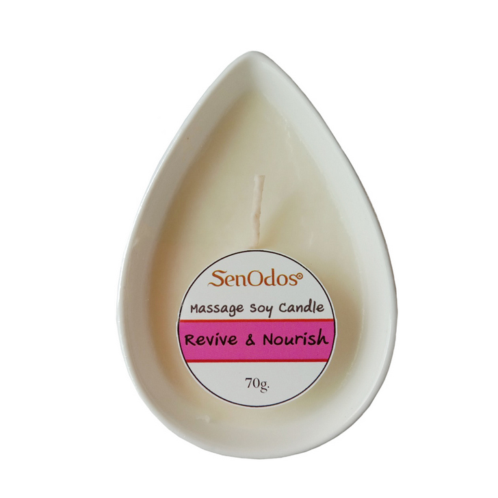 เทียนนวดตัว สูตร Revive & Nourish ช่วยบำรุงผิว ขาวใส ฟื้นฟูสุขภาพผิว ลดความเครียด ช่วยให้ผ่อนคลาย (น้ำมันหอมระเหยแท้จาก กุหลาบ มะลิ และกระดังงา 70 กรัม