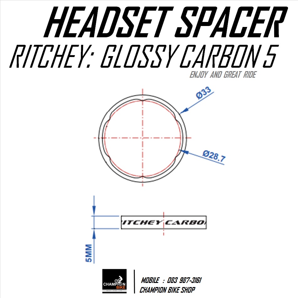 แหวนรองคอคาร์บอน RITCHEY : GLOSSY CARBON 5mm. HEADSET SPACER SET 1-1/8" สีดำเงา