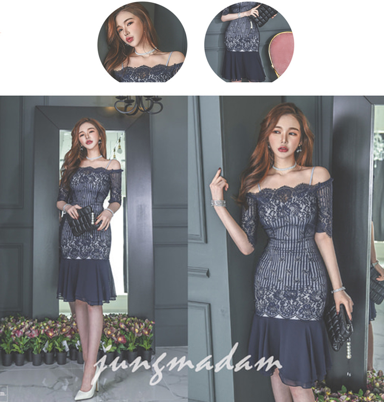 ชุดเดรสสีน้ำเงิน ชุดเดรสออกงาน ผ้าลูกไม้สีน้ำเงิน ส่งฟรี