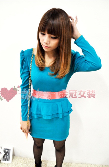 ชุดเดรสแขนยาวสีฟ้าอมเขียว แต่งริบบิ้นที่เอว ส่งฟรี ems