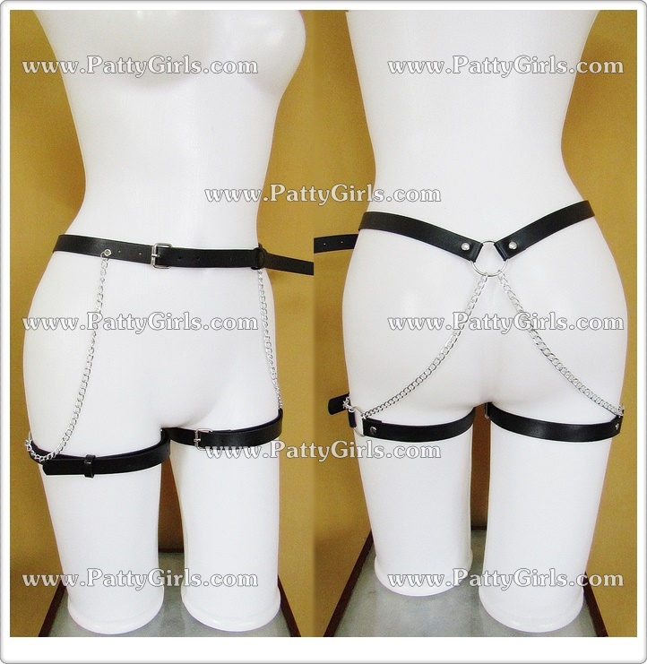A059 สายหนังรัดร่างกาย สายหนังรัดเอวสไตล์SM สายหนังรัดต้นขา รหัสนี้ใช้สายโซ่เป็นตัวเชื่อมระหว่างเข็มขัดที่เอวและสายรัดต้นขาไว้ด้วยกันตามรูป
