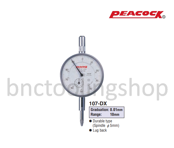 ไดอัลเกจขนาด 10มิล ความละเอียด 0.01มิล,Standard Dial Gauges Range 10mm Graduation 0.01mm,Peacock,107-DX
