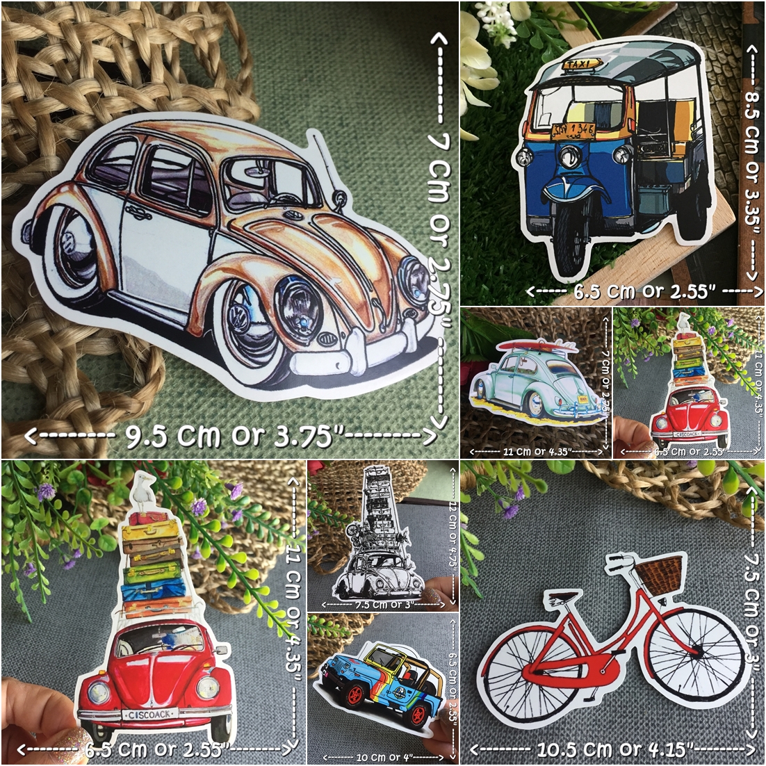 รถ ท่องเที่ยว สติกเกอร์ เคลือบกันน้ำ ลายแนวๆ ไดคัท ติดกระเป๋าเดินทาง โน้ตบุ๊ค เคสโทรศัพท์ กระบอกน้ำ Waterproof Decal Sticker