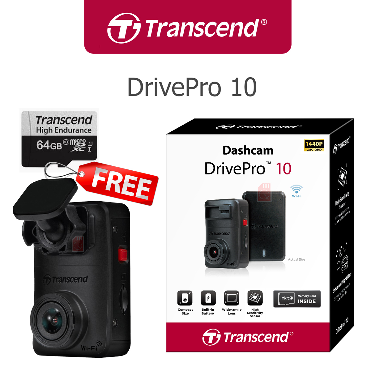 Transcend กล้องติดรถยนต์ DrivePro 10 2K QHD 1440P ฟรี Memory Card 64GB * รับประกัน 2ปี TS-DP10A-64G