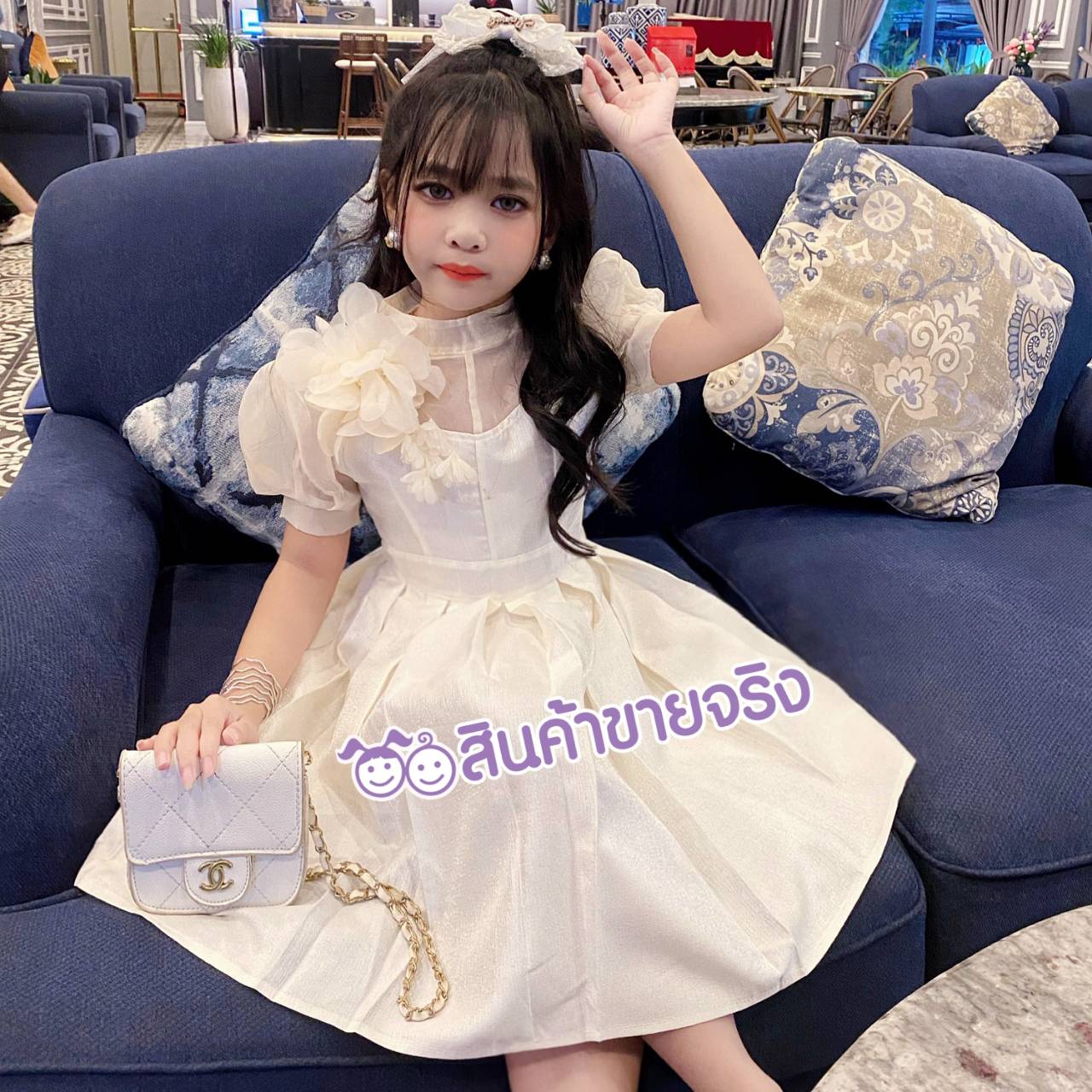 HD05/💜พร้อมส่ง💜ชุดเด็กผู้หญิง เดรส 2 ชิ้น ดอกไม้ 3D ผ้าทอดิ้นมุกยุโรป