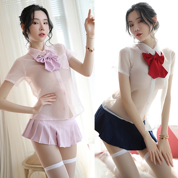 C2005 ชุดนักเรียนญี่ปุ่นเซ็กซี่ ชุดคอสเพลย์อีโรติกมาในแบบชุดนักเรียน ตัวเสื้อเป็นเชิ้ตแขนสั้นผ้าโปร่งแสงมาพร้อมกับโบว์คล้องคอ ส่วนกระโปรงสม็อคเอวด้านหลังตามรูปถ่ายสินค้าจริง ***ไม่มีถุงน่อง