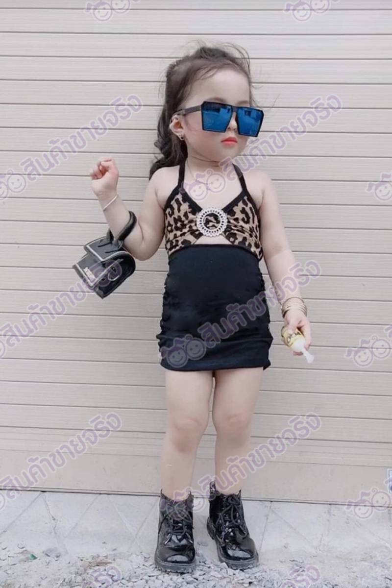 ND05/🌈พร้อมส่ง🌈ชุดเด็กผู้หญิง เดรสเสือสุดแซ่บบบ คาดห่วง
