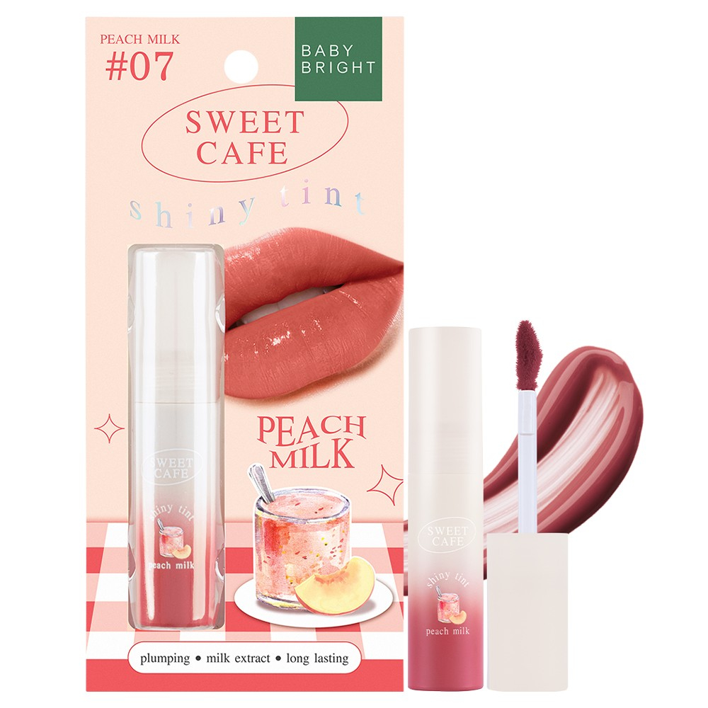 Baby Bright Sweet Cafe Shiny Tint #07 PEACH MILK 2.8g เบบี้ไบร์ท สวีทคาเฟ่ไชน์นี่ทินท์ 2.8g. ลิปทินท์เนื้อเจล ติ้นทาปาก สีชัด บางเบาไม่ตกร่อง สี 07 พีชมิลค์