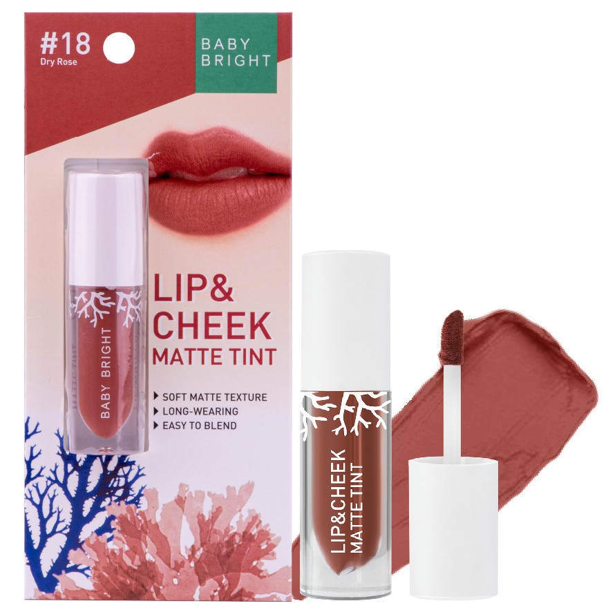 BABY BRIGHT LIP & CHEEK MATTE TINT 2.4G #18 Dry Rose ลิปเบบี้ไบร์ท ลิปทิ้น ทิ้นท์ เนื้อแมท ใช้ได้ทั้งปากและแก้ม 2.4 กรัม สี 18 ดรายโรส