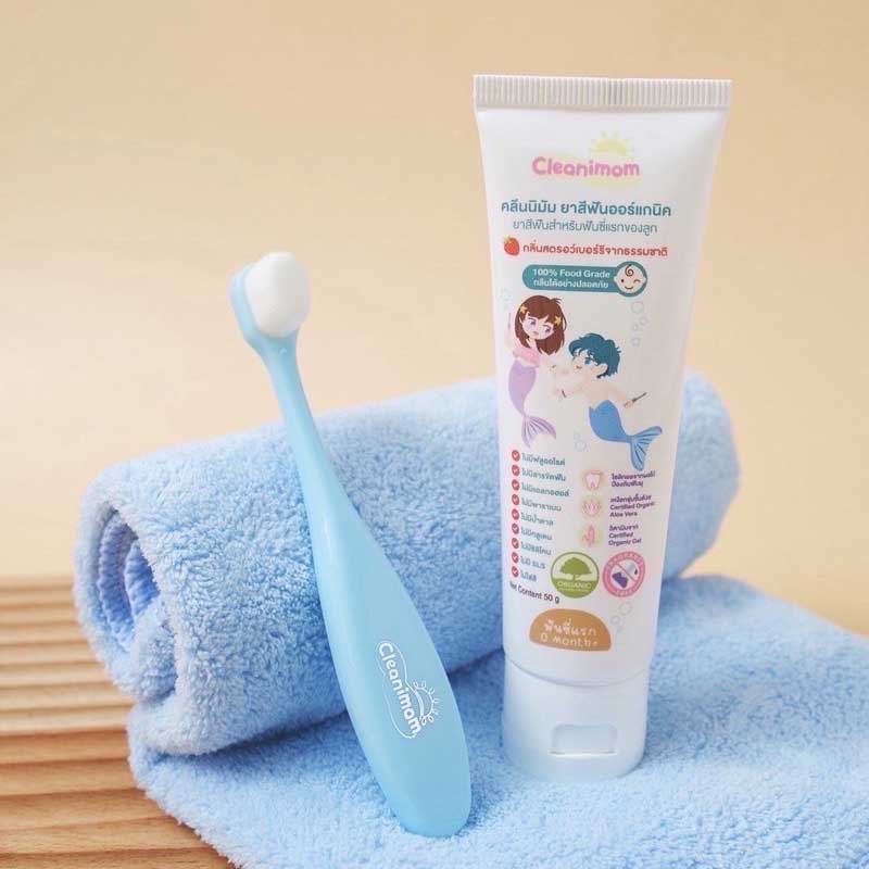 Cleanimom คลีนนิมัม แปรงสีฟันสำหรับเด็ก อายุ 0-3 ปี ใช้ได้ตั้งแต่ฟันซี่แรก ขนแปรงนุ่มพิเศษ ละเอียด อ่อนโยน มีแถบแปรงลิ้น สีฟ้า