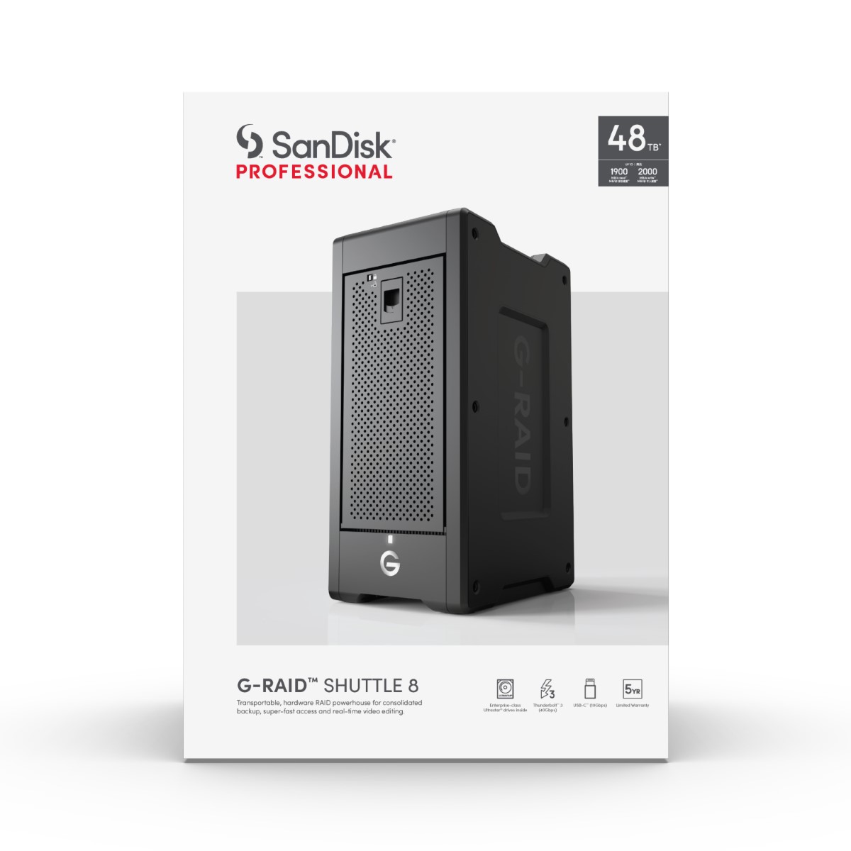 G-RAID SHUTTLE 8 (SDPH48H) Enterprise-class 8-bay External Hard Drive; Ultrastar drives inside, Thunderbolt 3 and USB-C, Transportable, hardware RAID; up to 1900MB/s read SanDisk Professional