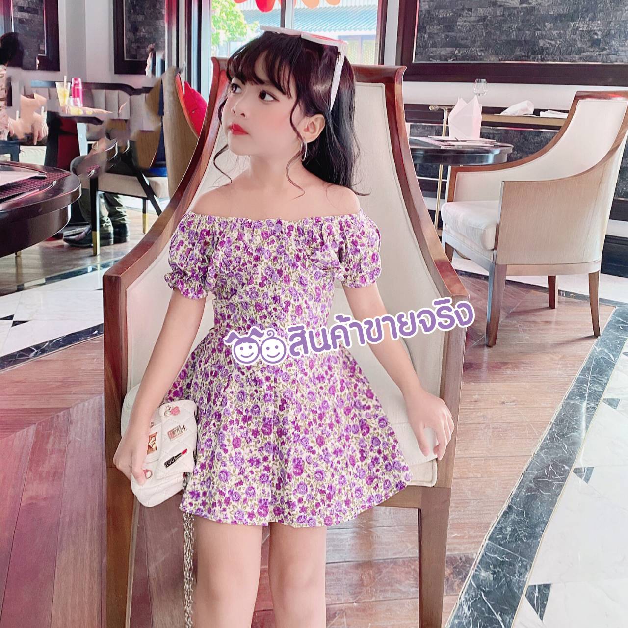 HS04/💜พร้อมส่ง💜ชุดเด็กผู้หญิง set 2 ชิ้นลายดอกกุหลาบสีม่วง ใส่ได้ทั้ง 2 แบบ/เปิดไหล่/และไม่เปิดไหล่