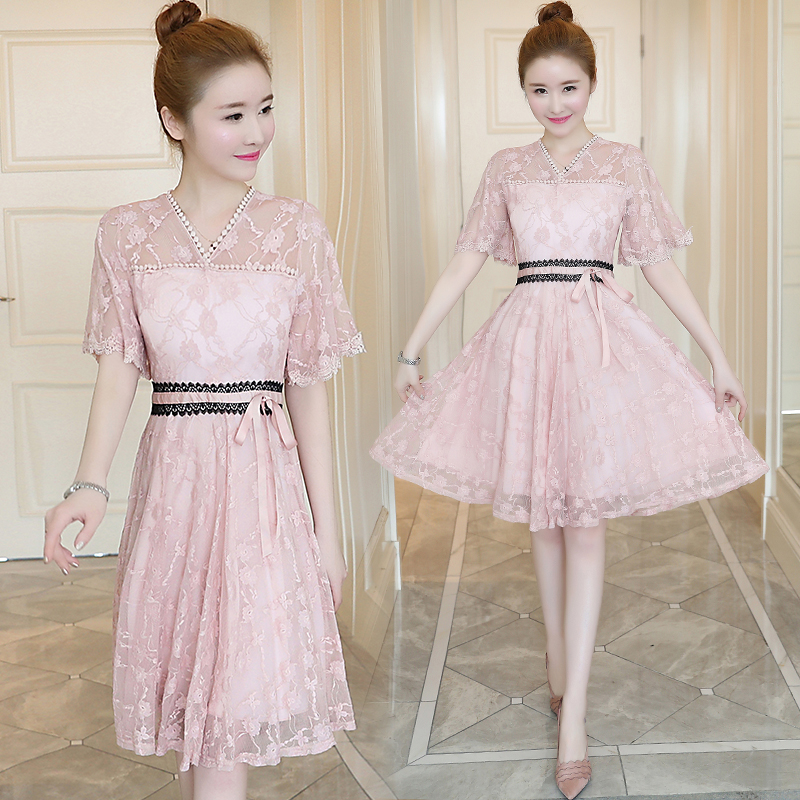 ชุดเดรสออกงาน ผ้าลูกไม้เนื้อนิ่มสีชมพูอ่อน ส่งฟรี ems