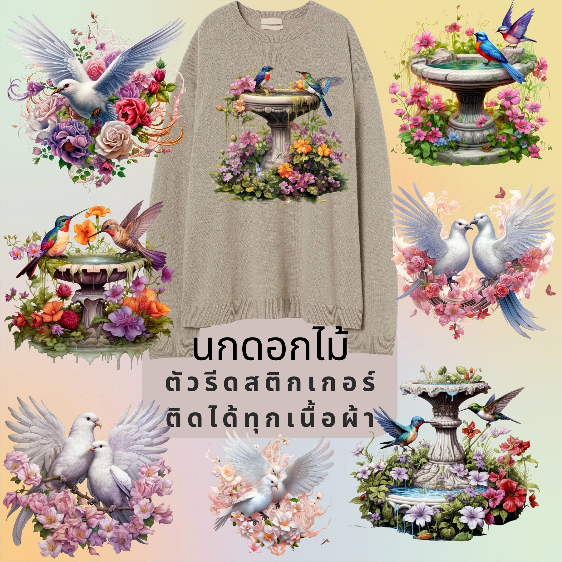 ตัวรีดติดผ้า ตัวรีดติดเสื้อ แบบสติกเกอร์ เซท นก ดอกไม้ พิมพ์ลาย สกรีนลาย ฟิลม์ DFT DTF
