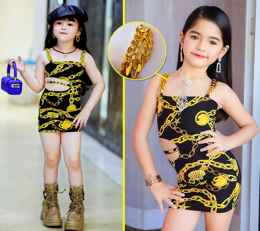 TD04/💜พร้อมส่ง💜ชุดเด็กผู้หญิง เดรสversace ชุดแซ่บเว่อร์ขอบอก ลูกสาวสายฝ. ต้องฟาดดด
