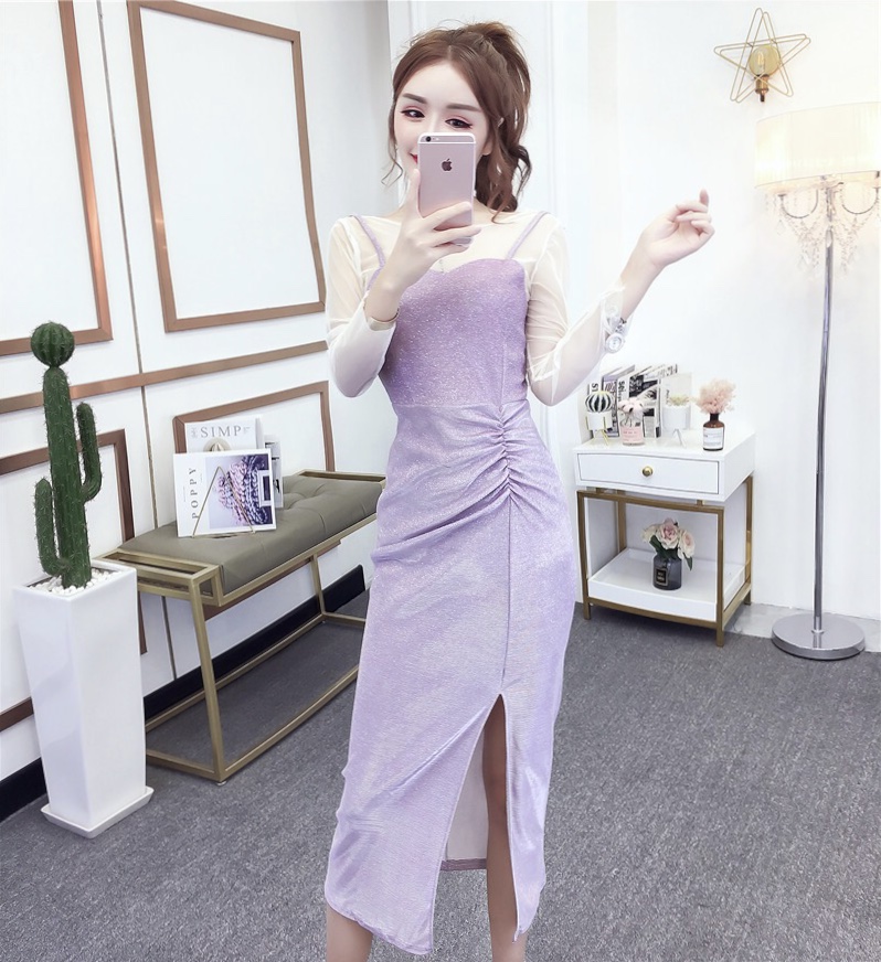 ชุดเดรสสีม่วงอมชมพู ผ้ากลิสเตอร์สะท้อนแสงระยิบระยับสวยมากๆๆค่ะ ส่งฟรี ems