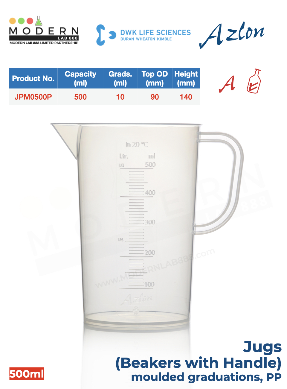 บีกเกอร์มีหูจับ พลาสติก PP แบบสเกลตัวนูน / Jug, moulded graduations, PP, "AZLON"