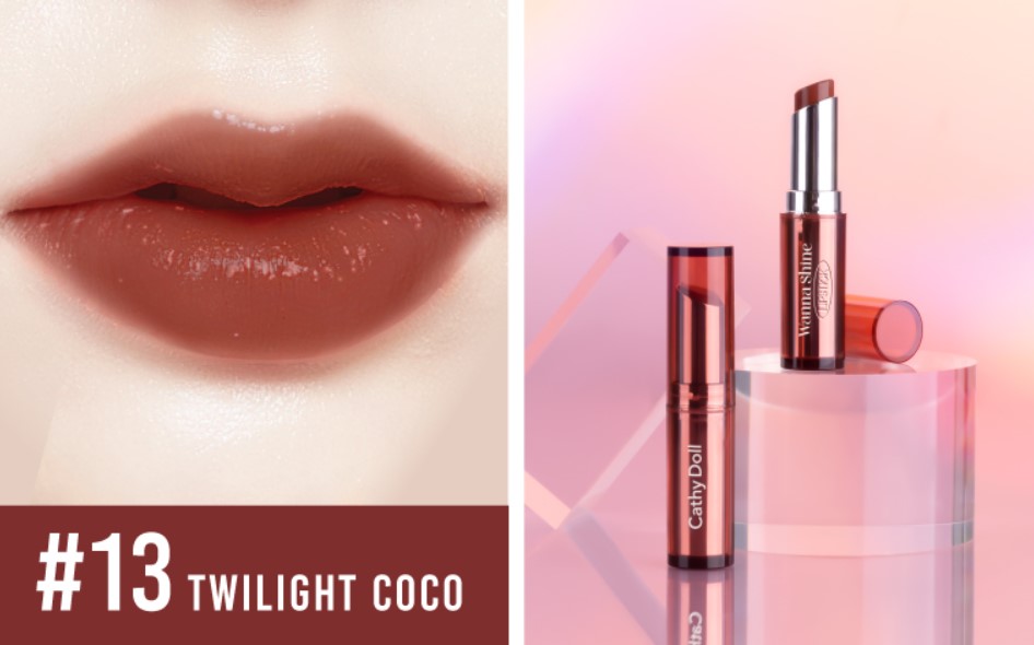 CATHY DOLL Wanna Shine Lipstick 3g. New Color #13 TWILIGHT COCO เคที่ดอลล์ วันนาไชน์ ลิปสติกเนื้อวาว บำรุงริมฝีปาก 3g. เฉดสีใหม่ สี 13 TWILIGHT COCO