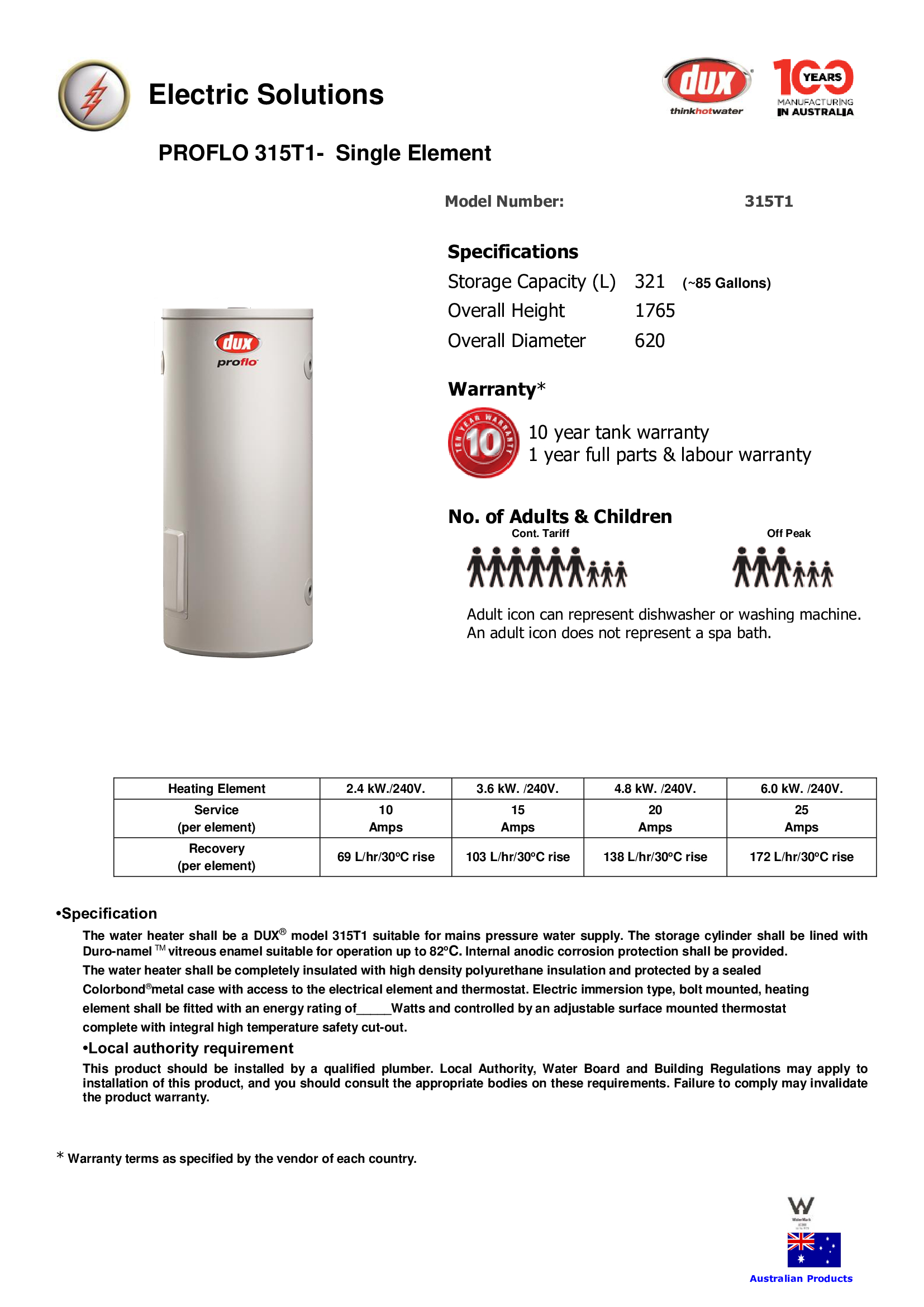 เครื่องทำน้ำร้อนDux 315T1 4.8Kw/240V.